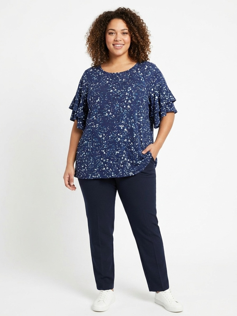 Apt. 9 Navy Blue Short Sleeve Top with Teal and White Speckle Print